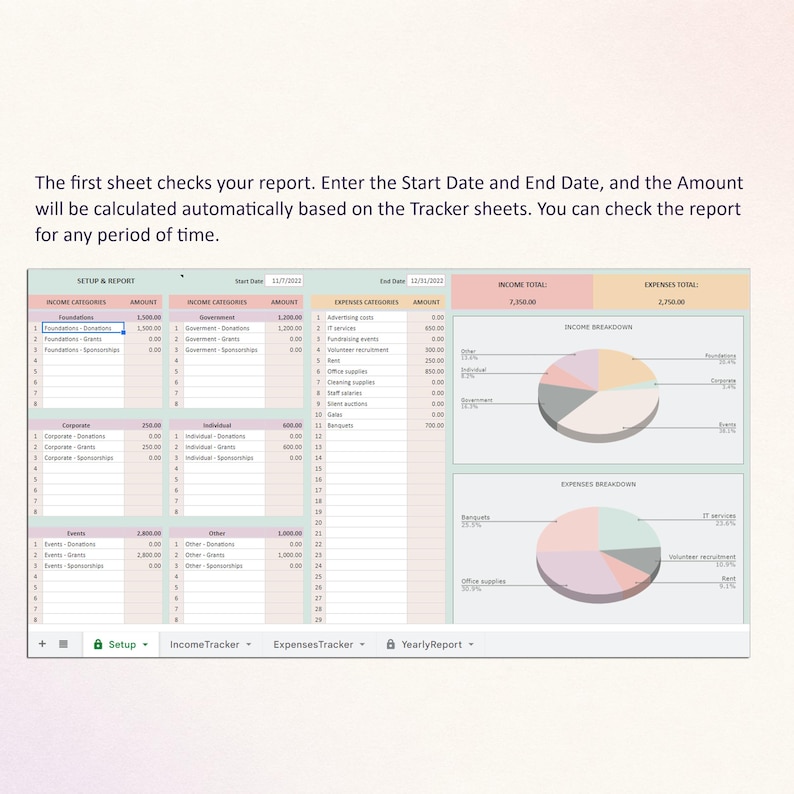 Puede incluir: Una plantilla de hoja de c&aacute;lculo digital para seguimiento financiero con una pesta&ntilde;a de configuraci&oacute;n e informe. La interfaz muestra categor&iacute;as de ingresos y gastos, totales calculados y dos gr&aacute;ficos circulares de desglose.