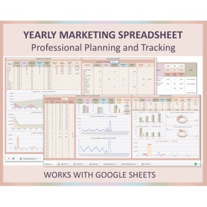 Yearly marketing planner, Marketing calendar, Marketing budget, Content social marketing plan, Marketing strategy, Spreadsheet, Google sheet