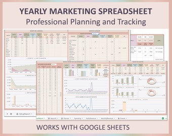 Yearly marketing planner, Marketing calendar, Marketing budget, Content social marketing plan, Marketing strategy, Spreadsheet, Google sheet