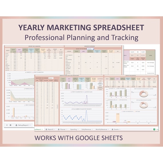 Yearly marketing planner, Marketing calendar, Marketing budget, Content social marketing plan, Marketing strategy, Spreadsheet, Google sheet