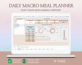 Healthy Diet Meal Planner Macro Counter Excel Sheet Macronutrient Tracker Google Sheets Template Digital Macro Calculator for Meal Planning