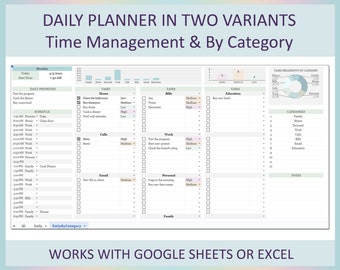 Daily Planner Sheet Time Management Working Hours Organizer To-Do List Template Spreadsheet Excel Google Sheets Digital Undated Layout