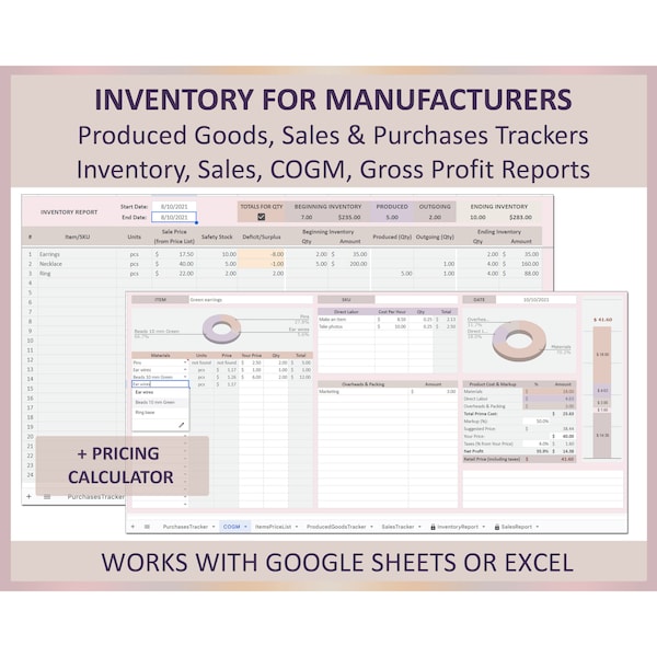 Inventory spreadsheet, Manufacturer sales tracker, Inventory management, Warehouse, Safety stock, Template,Inventory log,Excel,Google sheets