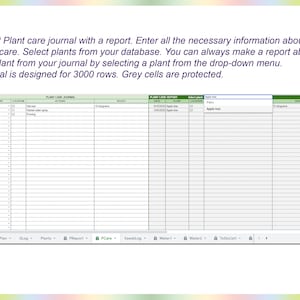 May include: A spreadsheet with a green and white color scheme. The spreadsheet is titled "Plant Care Journal" and "Plant Care Report". The spreadsheet has columns for date, plant, location, actions, result, and kilograms. The spreadsheet is designed for 3000 rows.