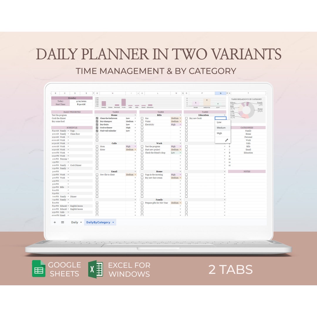 Daily Planner Spreadsheet Excel Task Tracker To-do List Schedule ...