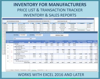 May include: A spreadsheet with a green and white color scheme, titled "Inventory for Manufacturers Price List & Transaction Tracker Inventory & Sales Reports". The spreadsheet includes a list of items, quantities, prices, and totals. The spreadsheet also includes a section for incoming, outgoing, and used for production items. The spreadsheet is designed to track inventory and sales for manufacturers.