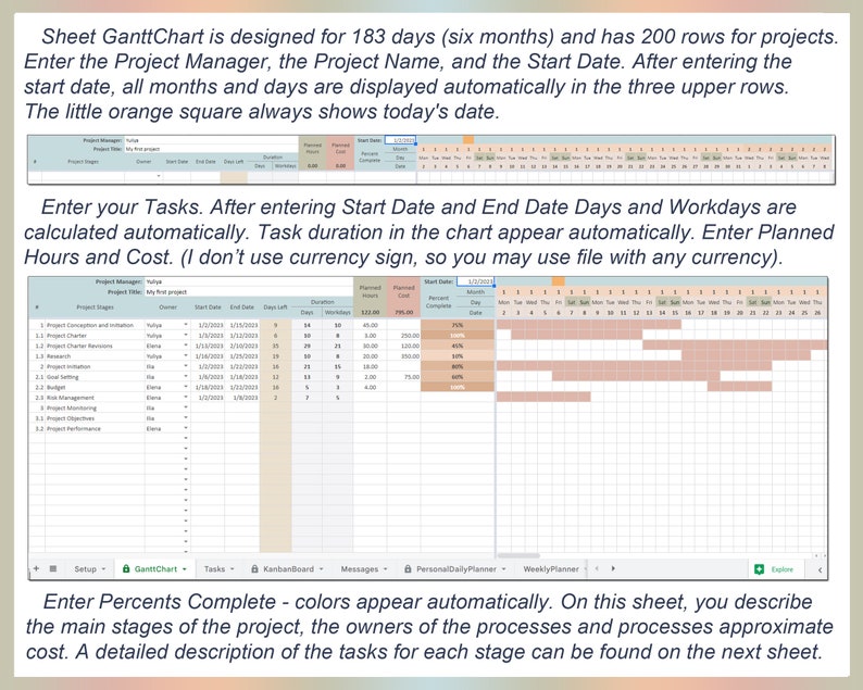 May include: A digital Gantt chart spreadsheet with project management data. The chart includes sections for project stages, start and end dates, duration, and planned costs. Text on the chart reads: "GanttChart", "Tasks", and "Enter Percents Complete".