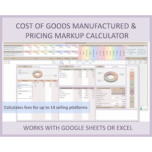 Product cost calculator, Pricing calculator, Costing template, Price calculator, Markup, COGS, COGM, Product costing Excel, Google sheets