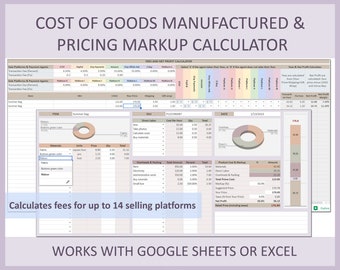 Product cost calculator, Pricing calculator, Costing template, Price calculator, Markup, COGS, COGM, Product costing Excel, Google sheets