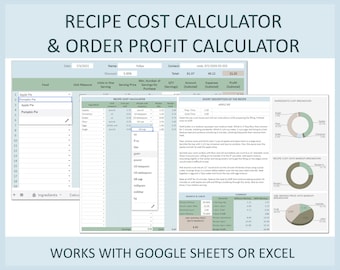 Recipe cost calculator, Order profit calculator, Recipe costing template, Baking Ingredient cost calculator, Formula, Excel, Google sheets