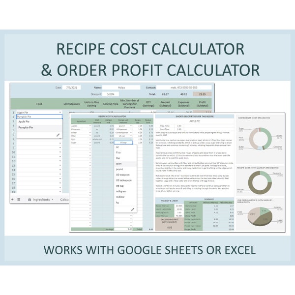 Recipe cost calculator, Order profit calculator, Recipe costing template, Baking Ingredient cost calculator, Formula, Excel, Google sheets