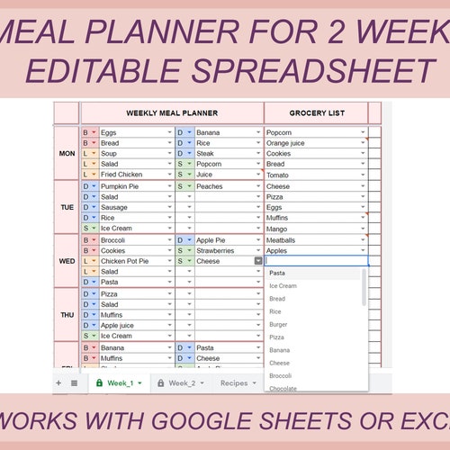 Weekly Meal Planner Google Sheets Template Printable | Etsy