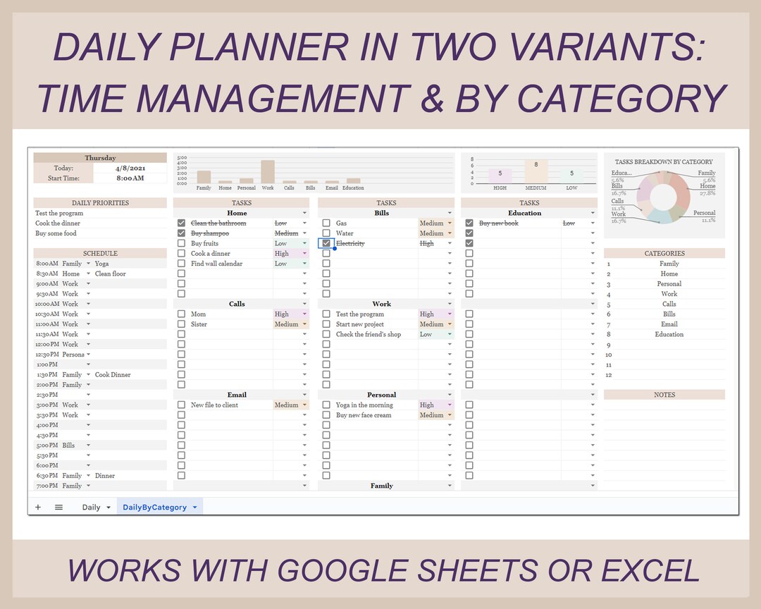 Daily Planner Spreadsheet Daily Schedule Template Daily Work Etsy
