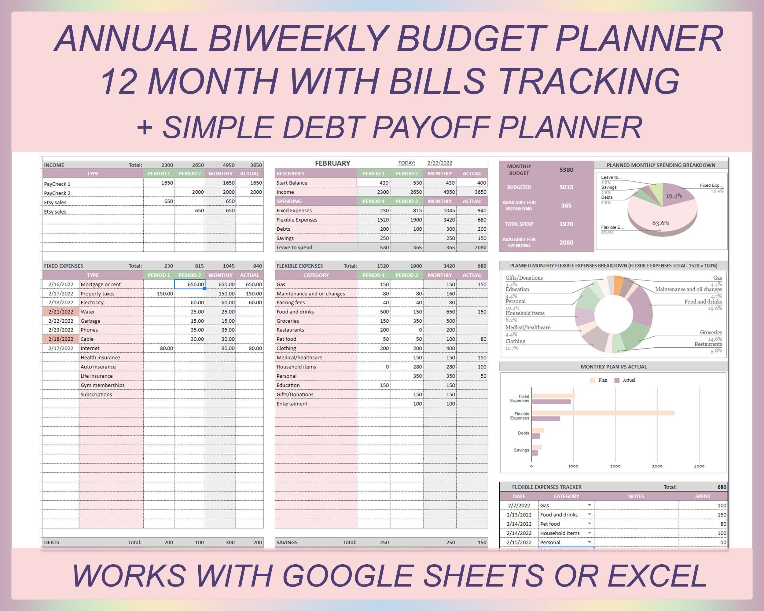 Annual Biweekly Budget Spreadsheet Google Sheets Budget Etsy