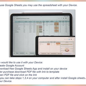 May include: A tablet and smartphone displaying a Google Sheets spreadsheet. The tablet has a stylus resting on top. Text on the image provides instructions on how to use Google Sheets on a device.