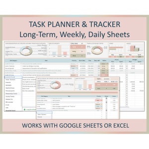 May include: A colorful digital planner and tracker template for long-term, weekly, and daily tasks. The template includes sections for task breakdown by life category, task priority, total tasks, task allocation by status, hours, and budget. The template is designed to work with Google Sheets or Excel.