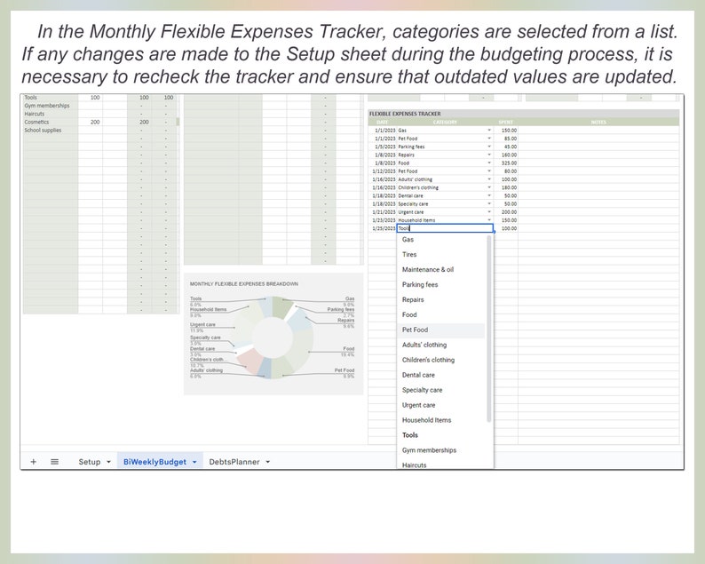 May include: A spreadsheet with a pie chart showing a monthly flexible expenses breakdown. The spreadsheet is titled "Monthly Flexible Expenses Breakdown" and includes categories such as "Food", "Pet Food", "Dental Care", "Urgent Care", "Specialty Care", "Children's Clothing", "Adult's Clothing", "Household Items", "Tools", "Gym Memberships", and "Haircuts".