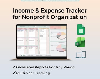 Hoja de cálculo para el seguimiento de ingresos y gastos de organizaciones sin fines de lucro, contabilidad, presupuesto, financiación, códigos, informes anuales, Excel, Google Sheets, plantilla de organizador financiero
