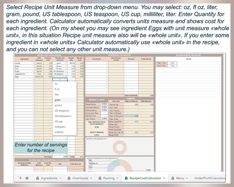 Recipe Cost Calculator Order Profit Calculator Baking Price Etsy