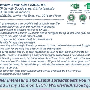 K&ouml;nnte beinhalten: Ein digitaler Download f&uuml;r eine Zielsetzungs-Tabelle. Das Bild zeigt eine Textbeschreibung des Produkts, die einen Google Sheet-Link f&uuml;r eine Vorlage, Anweisungen und eine Excel-Datei enth&auml;lt, die mit Excel 2016 und h&ouml;her funktioniert. Die Tabelle enth&auml;lt 20 Bl&auml;tter und ist f&uuml;r bis zu 50 Ziele ausgelegt. Das Bild zeigt auch Symbole f&uuml;r Microsoft Excel, Google Sheets, Excel Online, Excel f&uuml;r Mac und Numbers.