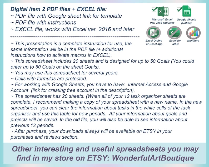 K&ouml;nnte beinhalten: Ein digitaler Download f&uuml;r eine Zielsetzungs-Tabelle. Das Bild zeigt eine Textbeschreibung des Produkts, die einen Google Sheet-Link f&uuml;r eine Vorlage, Anweisungen und eine Excel-Datei enth&auml;lt, die mit Excel 2016 und h&ouml;her funktioniert. Die Tabelle enth&auml;lt 20 Bl&auml;tter und ist f&uuml;r bis zu 50 Ziele ausgelegt. Das Bild zeigt auch Symbole f&uuml;r Microsoft Excel, Google Sheets, Excel Online, Excel f&uuml;r Mac und Numbers.