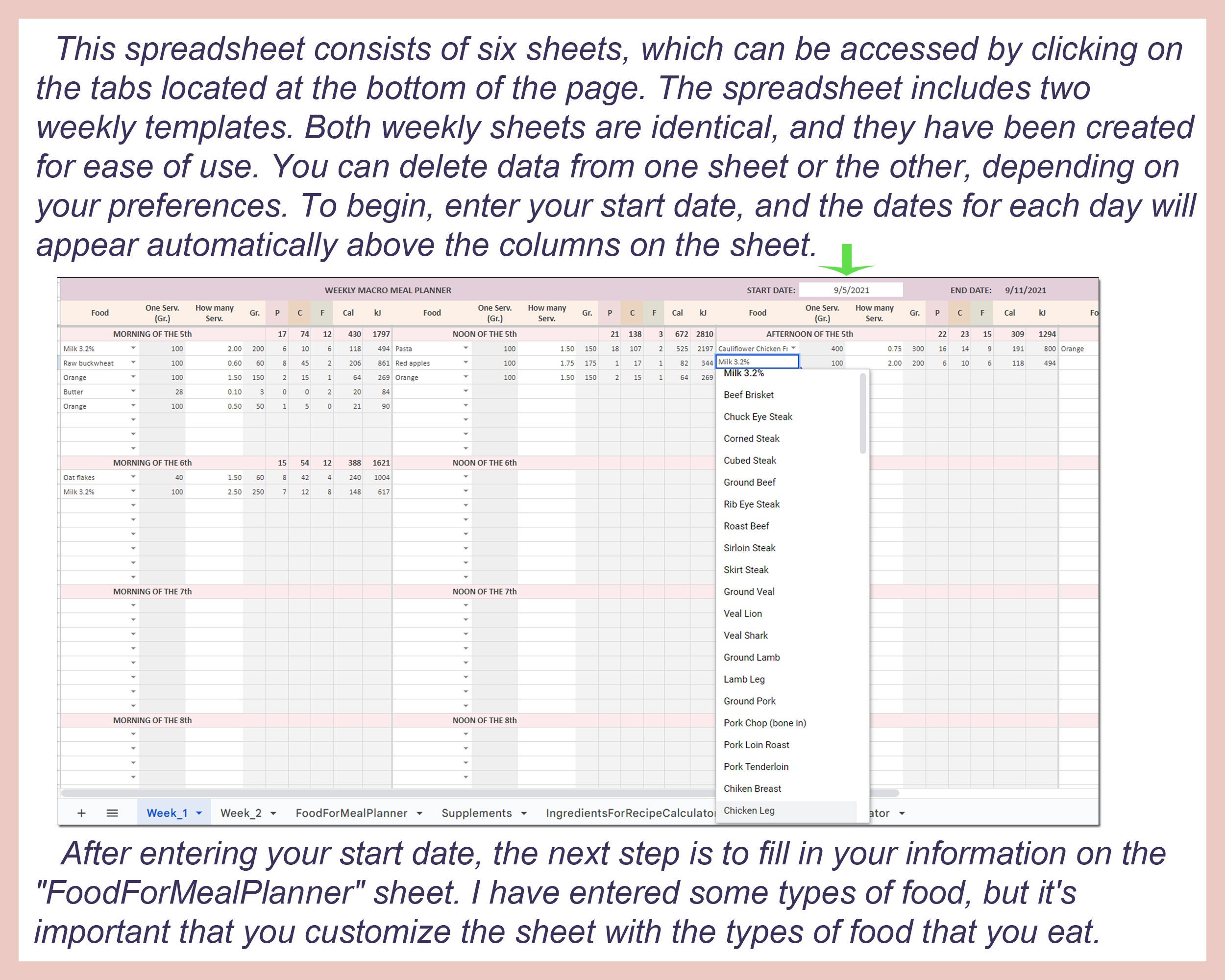 Macro Meal Planner, Digital Meal Planner, Macro Diet Meal Planner, Meal