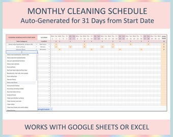 Cleaning schedule, Weekly cleaning checklist, Cleaning schedule planner, House cleaning schedule,Template,  Excel, Google sheets, Editable
