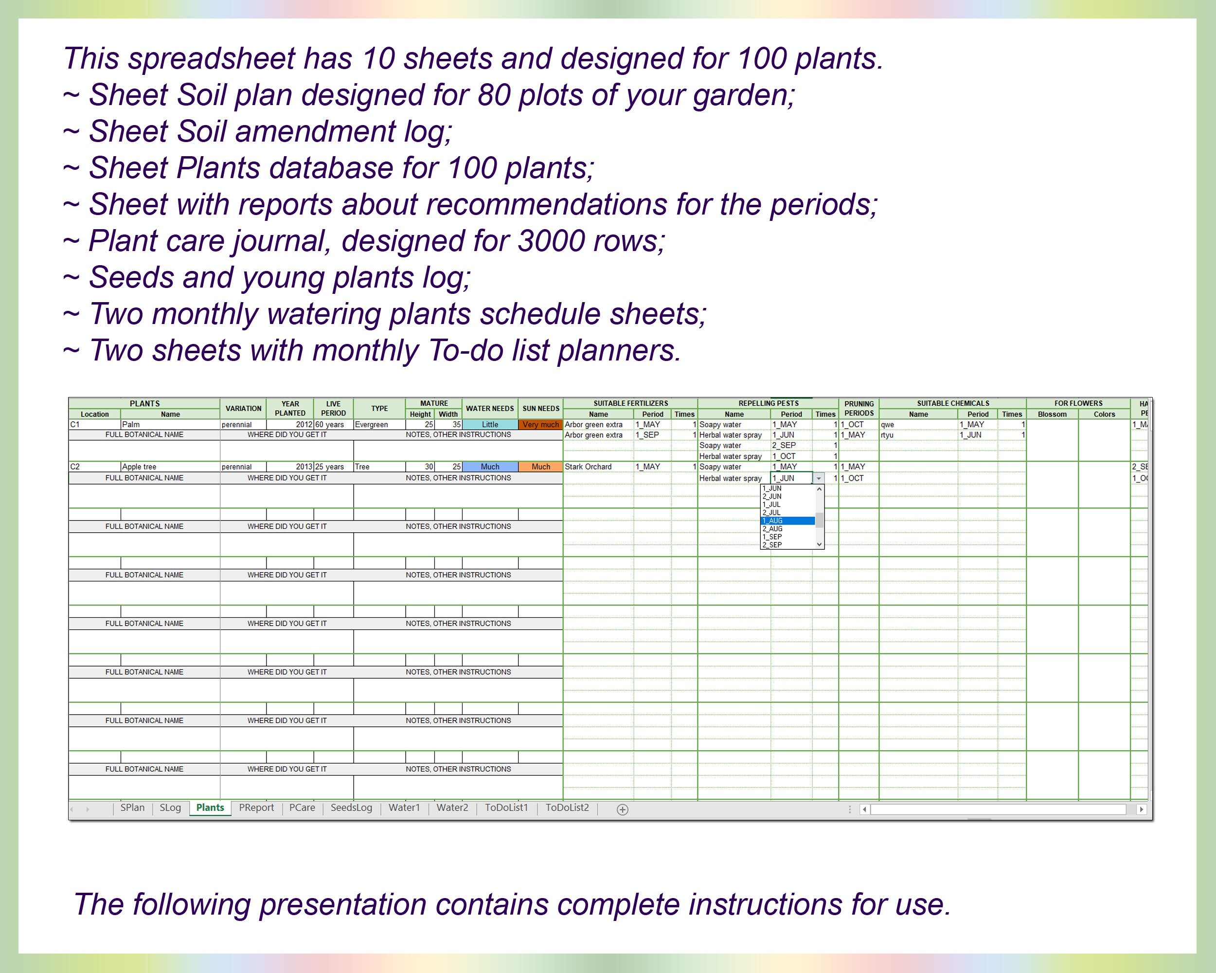Garden Planner Spreadsheet, Plant Care Worksheet, Plants Journal