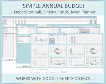 May include: A digital spreadsheet template titled "SIMPLE ANNUAL BUDGET" with sections for debt, sinking funds, and meal planning. The template includes charts and graphs for financial tracking and is compatible with Google Sheets or Excel.