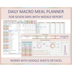 Macro meal planner, Macro diet planner, Macro counter meal planner, Macronutrient planner, Macro calculator, Excel, Google sheets, Custom