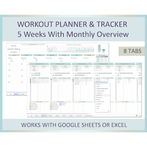 Puede incluir: Una plantilla de planificador y seguimiento de entrenamiento imprimible para Google Sheets o Excel. La plantilla incluye 8 pestañas, una vista general mensual y un plan de entrenamiento de 5 semanas. La imagen muestra una parte de la pestaña de febrero, que incluye un registro de entrenamiento, un planificador de comidas y una sección para realizar un seguimiento del progreso.