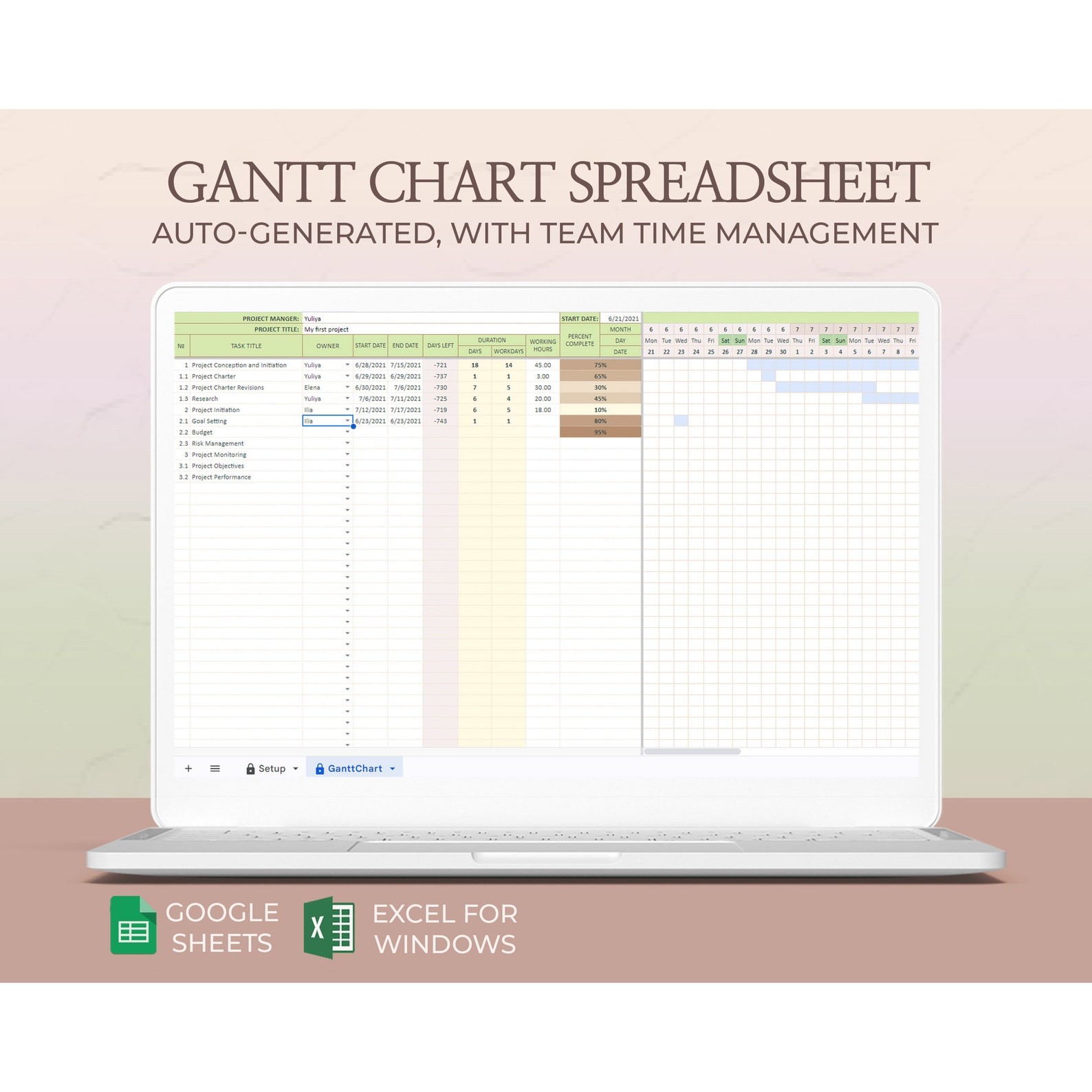 Gantt Chart Spreadsheet Google Sheets Excel Project Timeline Team ...