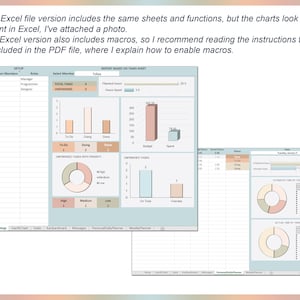 May include: Screenshot of an Excel spreadsheet with multiple charts and data tables. The spreadsheet includes charts showing task status, budget, and time spent. Text at the top explains the Excel file version and macros.
