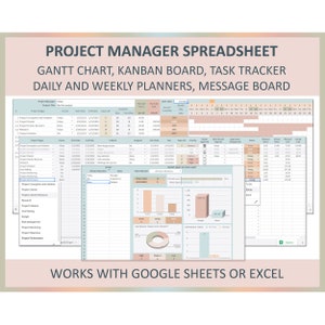 Könnte beinhalten: Projektmanager-Tabelle mit Gantt-Diagramm, Kanban-Board, Aufgabenverfolgung, Tages- und Wochenplanern sowie Message Board. Funktioniert mit Google Sheets oder Excel. Das Bild zeigt verschiedene Diagramme und Datentabellen.