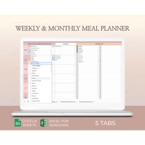 Planer posiłków w programie Excel, lista zakupów, prosty planer posiłków, szablon planera posiłków, miesięczny, tygodniowy planer menu, harmonogram gotowania, arkusze Google