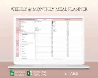 Excel meal planner, Grocery list, Simple Meal planner, Meal planner template, Monthly, weekly menu planner, Cooking Schedule, Google sheets