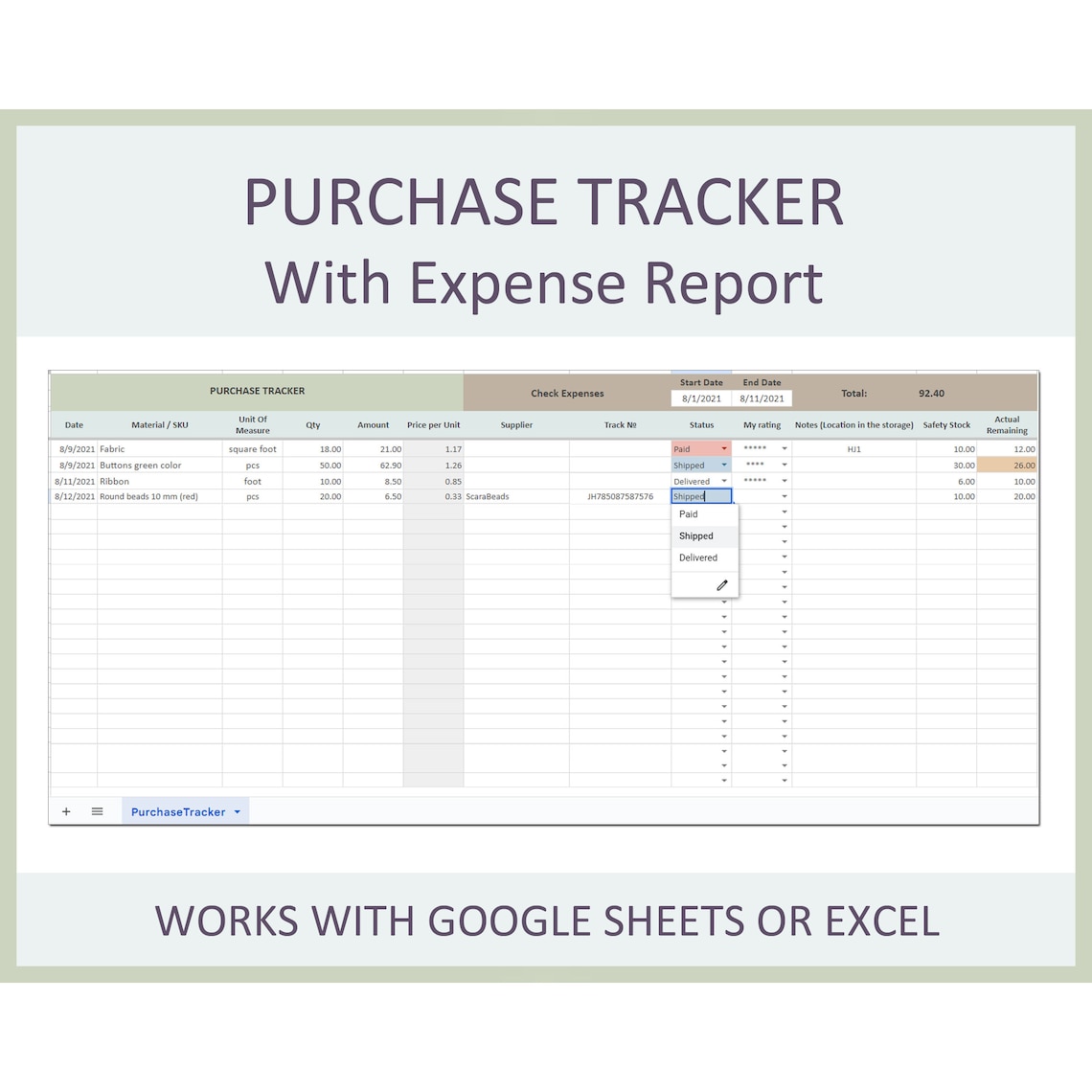 Purchase Order Tracker Spreadsheet Excel Google Sheets Template ...