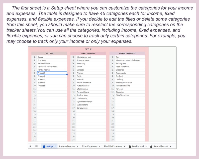 Kalkylblad för utgiftsinkomster Företagsekonomilogg Personlig budgetorganisatör Mall för pengaspårning Google Sheets Excel Redovisning bild 2