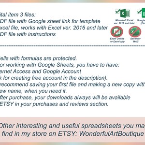 May include: Digital item with three files: a PDF with a Google Sheet link, an Excel file compatible with Excel 2016 and later, and a PDF with instructions. Includes icons for Microsoft Excel and Google Sheets. Text on the image says "WonderfulArtBoutique".