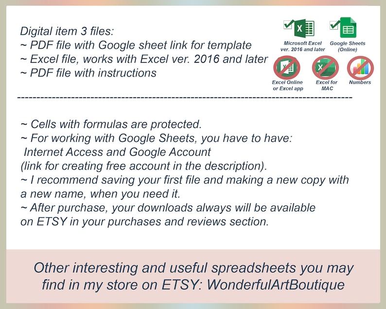May include: Digital item with three files: a PDF with a Google Sheet link, an Excel file compatible with Excel 2016 and later, and a PDF with instructions. Includes icons for Microsoft Excel and Google Sheets. Text on the image says "WonderfulArtBoutique".