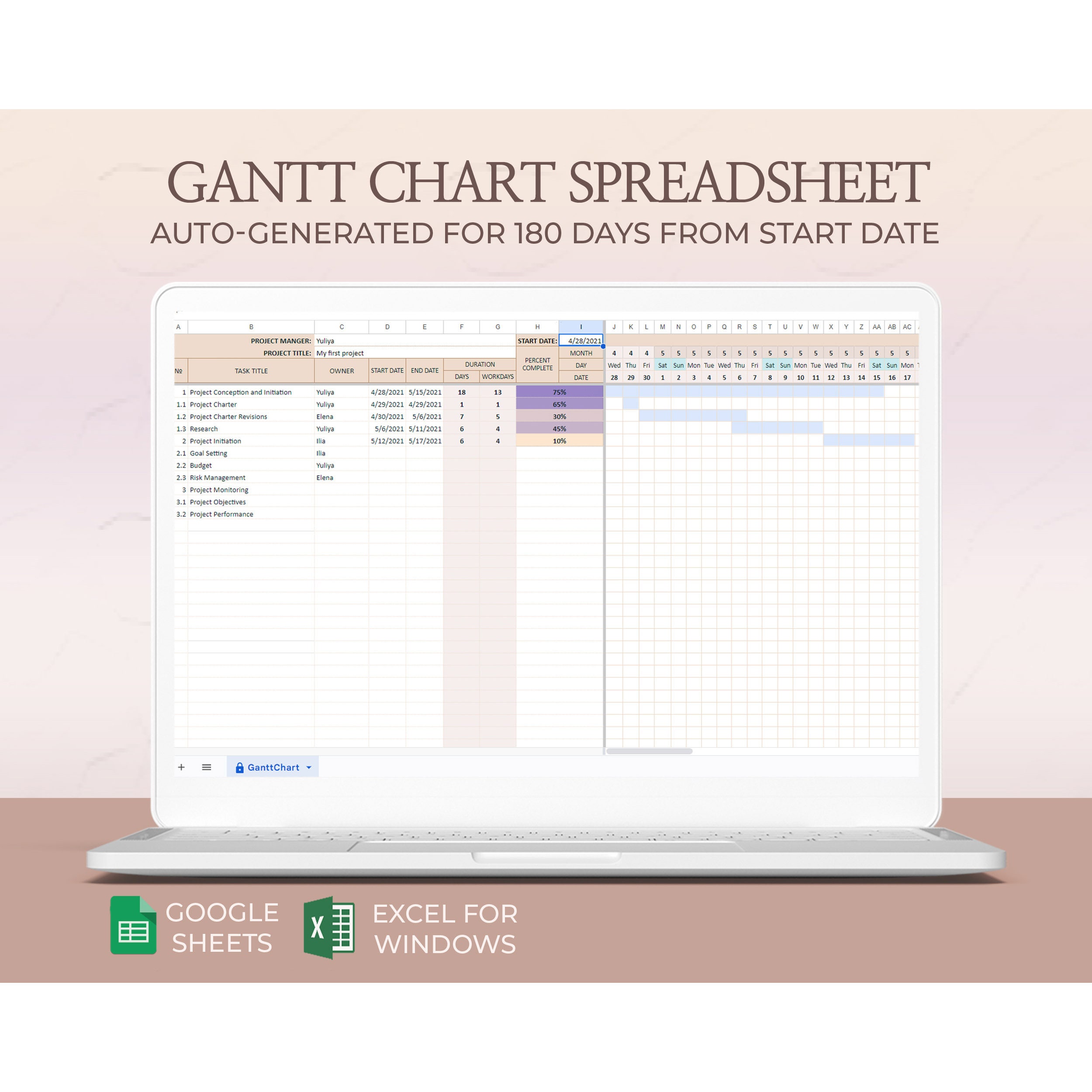 Digital Gantt Chart Project Planner Spreadsheet Excel Google Sheets Task Organizer Productivity Tracker Automated Scheduling Template