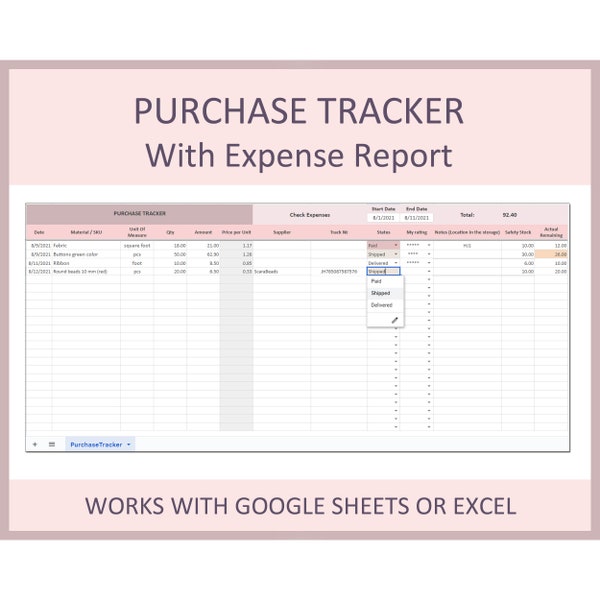 Purchases tracker, Purchase order tracker, Purchase order tracking, Template, PO tracker, Tracking software, Spreadsheet,Excel,Google Sheets