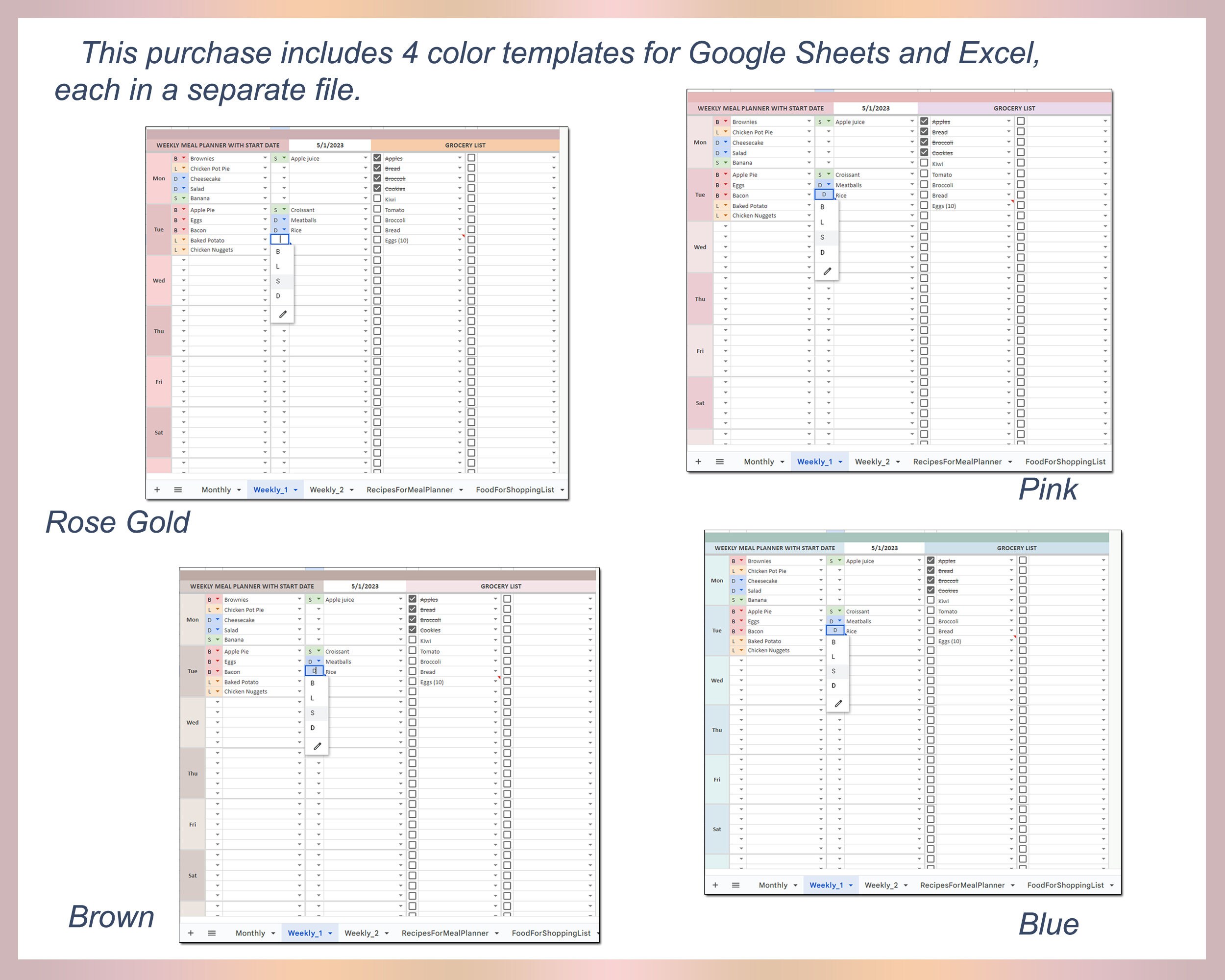 Excel Meal Planner, Grocery List, Simple Meal Planner, Meal Planner