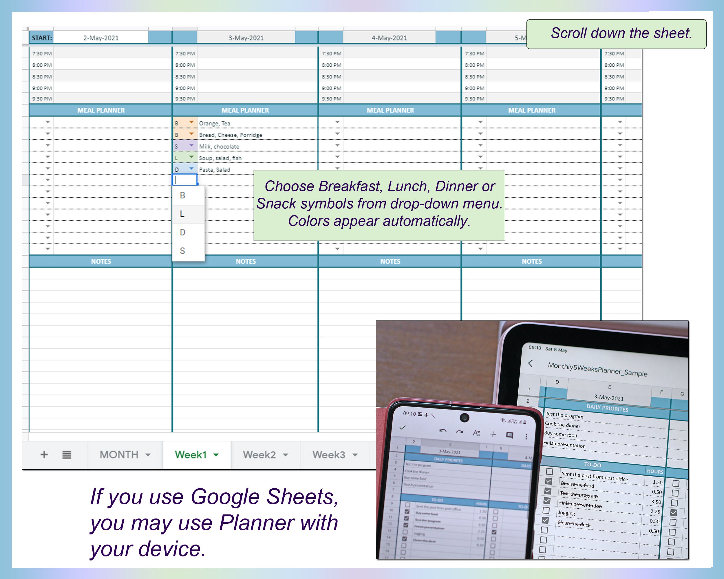 monthly planner spreadsheet weekly hourly calendar weekly etsy
