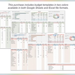 May include: Two budget templates in pink and green colors. The templates are for tracking income and expenses. The templates are available in both Google Sheets and Excel file formats.
