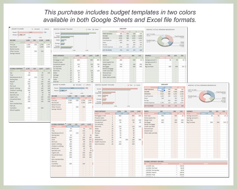 May include: Two budget templates in pink and green colors. The templates are for tracking income and expenses. The templates are available in both Google Sheets and Excel file formats.