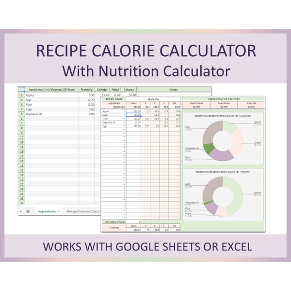 Calculatrice de calories de recette, Calculatrice de nutrition de recette, Calculatrice de calories de repas, Compteur de calories de recette, Calories de constructeur de recette, Excel