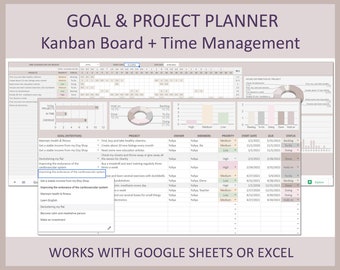 Personal Kanban board, Goal planner, Goal setting journal, Project management, Goal tracker, Kanban tool, Goal setting planner, Excel,Google