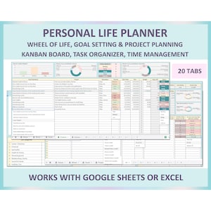 Digital life planner, Goal setting, Wheel of Life, Project planner, Kanban board, Task tracker, Productivity, Spreadsheet, Google sheets