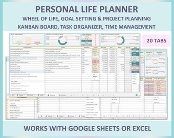 Digital life planner, Goal setting, Wheel of Life, Project planner, Kanban board, Task tracker, Productivity, Spreadsheet, Google sheets